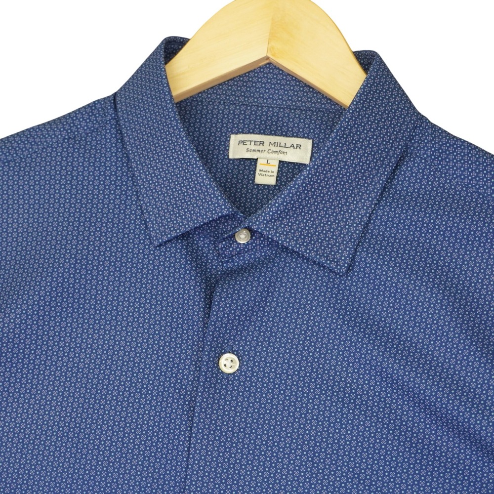 Peter Millar Button Down Shirt Men L Blue Summer Comfort Geometric Short Sleeve